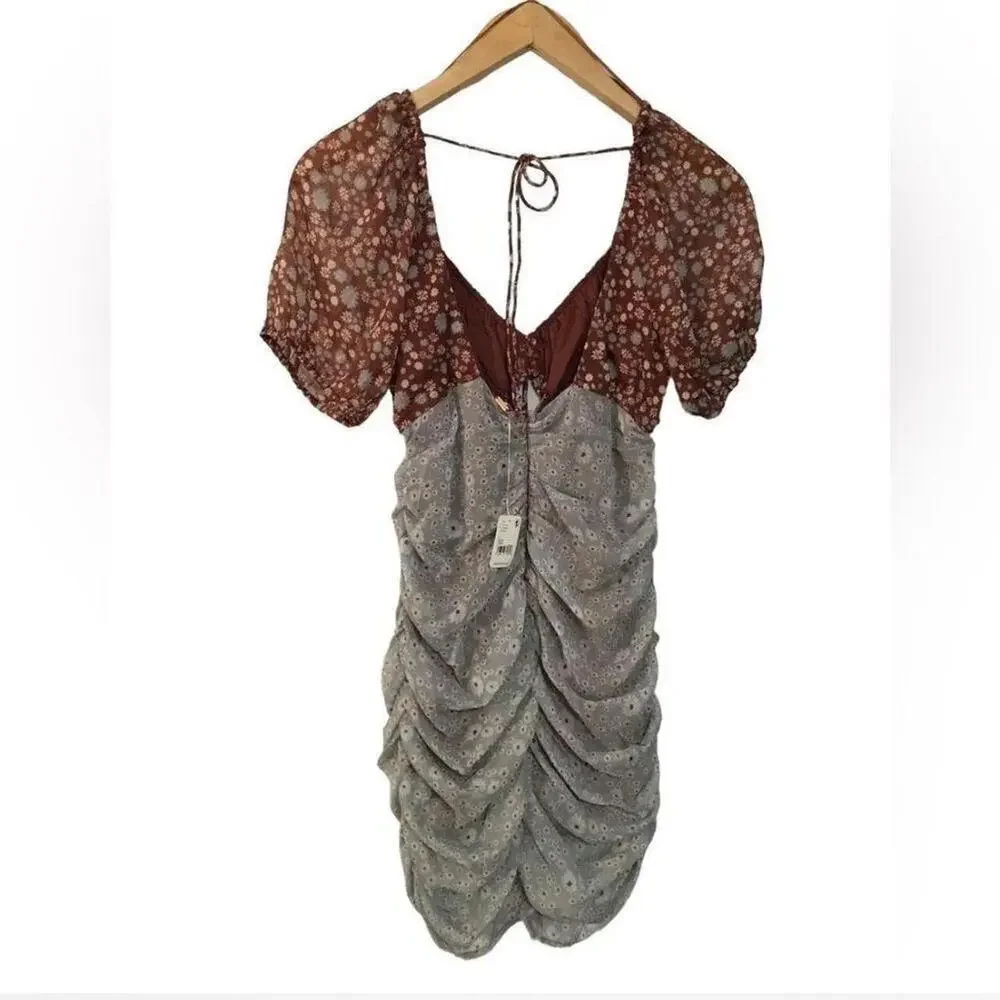 Free People Tessa Storm Combo Boho Floral Print Ruched Mini Dress Size Small - Picture 3 of 4